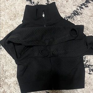 Black Textured High Neck Sweater crop top for gym